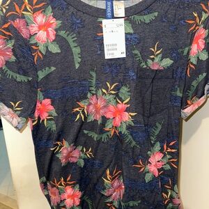 Divided Floral Short Sleeve Tee - Navy with Pink and Green